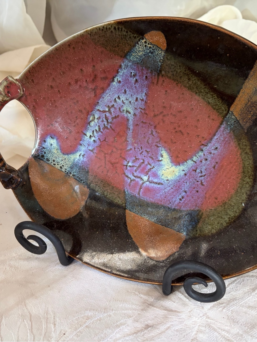 Handcrafted Ceramic Decorative Plate in Orange,Purple and Brown